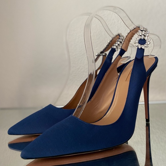 New ๐ Aquazzura Blue Portrait Of A Lady Embellished Slingback Pumps 40 - Picture 11 of 15